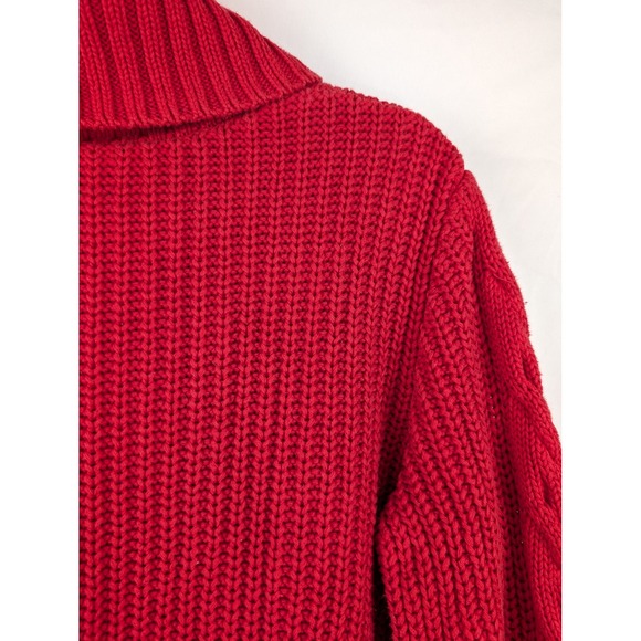 Heavy Cotton Red Cable Knit Chunky Turtleneck Sweater XL Cottagecore Fisherman - Picture 7 of 10